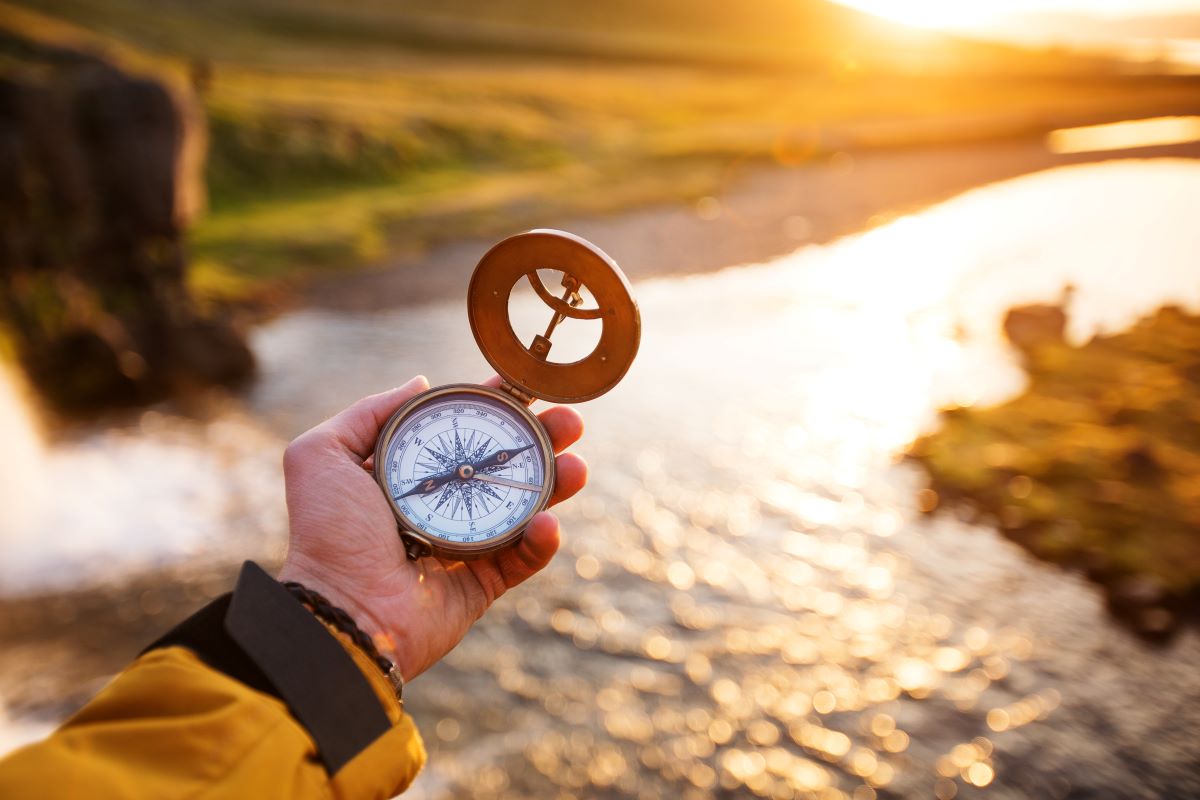 Close up of a person using a compass 